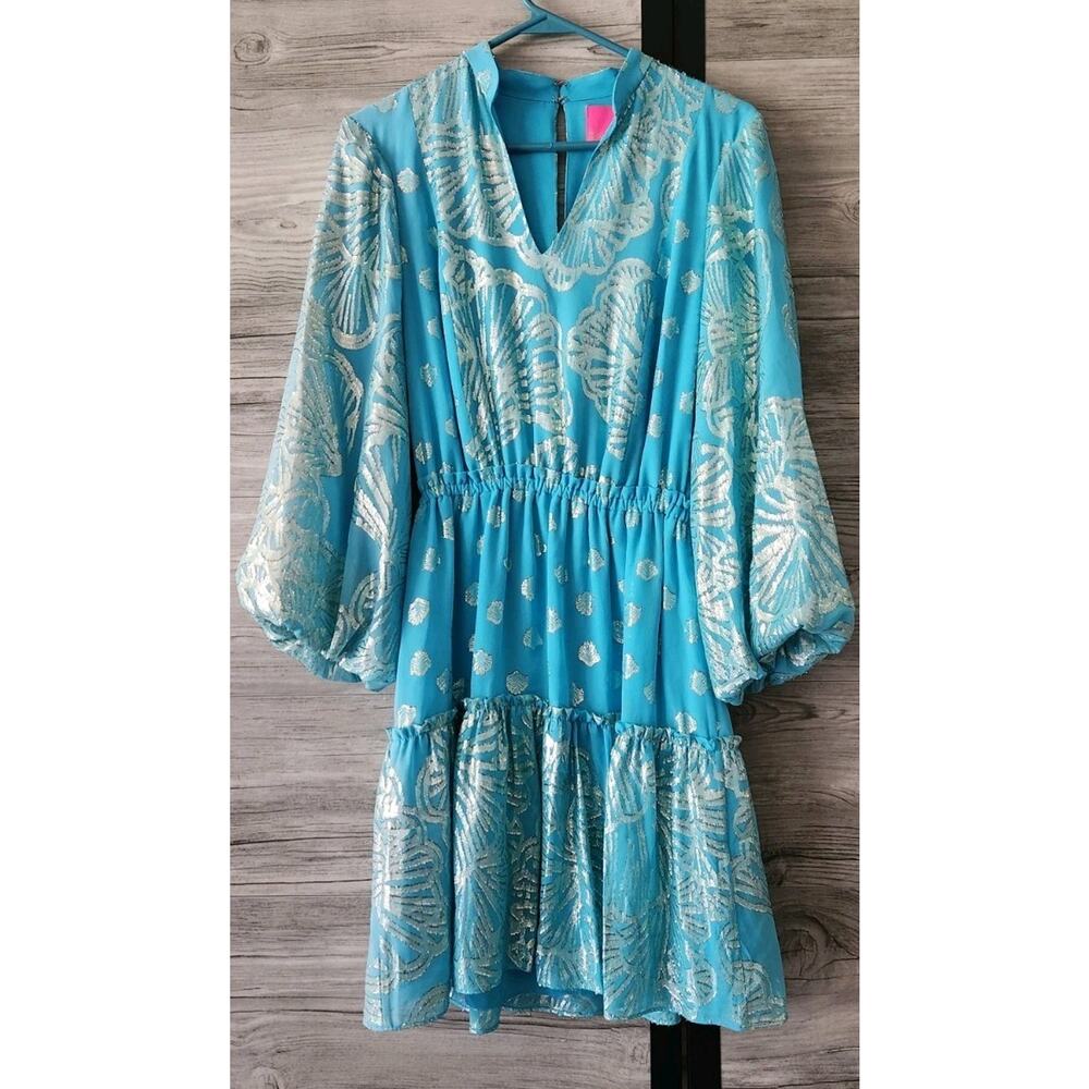 Lilly Pulitzer Joella Metallic Aqua Shell Dress Size 2 NWOT - Picture 2 of 5